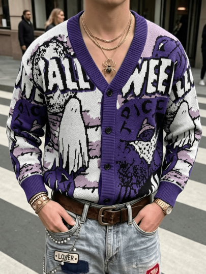 ANDREILEE Men's New Halloween Autumn Winter Casual Loose Minimalist V-Neck Button-Up Cardigan Sweater With Cute Cartoon Pattern And English Letter, Long Sleeve Knit Jacket