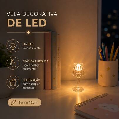 Vela Decorativa LED em Acrílico Cristalino – Luz Quente para Mesa e Decoração 5 x 11,5 cm