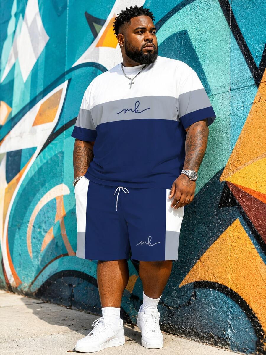 Men's Minimalist Letter & Color Block Pattern Sports Set - Made Of Polyester Knit Fabric, Round Neck Design, Drawstring Shorts, Pocket Details, Regular Fit, Suitable For Plus Size - Navy Blue - View 1