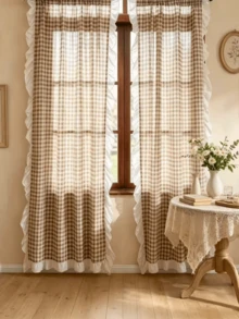 1pc American Vintage Style Ruffled Curtain, Room Divider Door Curtain, Suitable For Kitchen, Bedroom, Living Room, Daily Home, Holiday Party Atmosphere Decor - Coffee Brown - View 6