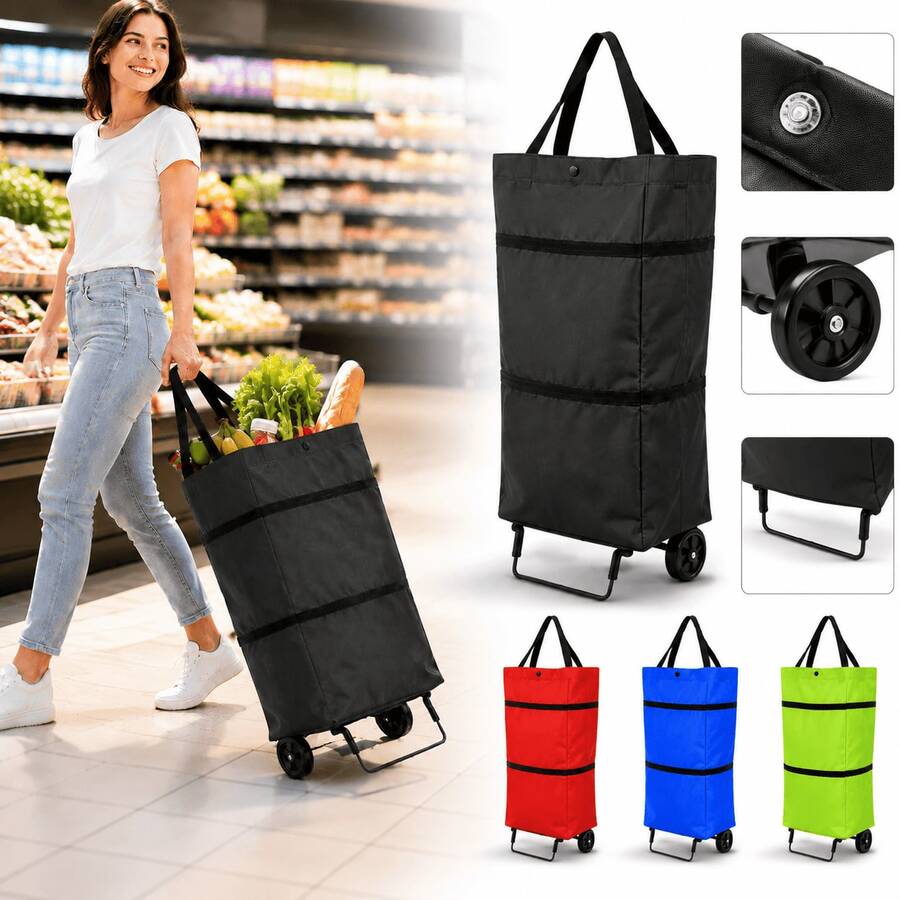 Carrito de Compras Plegable con Ruedas para Hogar, Bolsa Reutilizable Grande Color Negro con Asa Cómoda, Carrito Organizador Portátil para Supermercado, Mercado, Lavandería y Compras Diarias, Diseño Ligero y Resistente con Colores Rojo Azul Verde Disponibles, Ideal para Transportar Alimentos, Ropa y Artículos