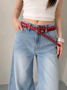 Extra Long Eyelet Punk Thin Waist Belt, Personalized Solid Color Versatile Thin Waist Cincher - Red - View 2