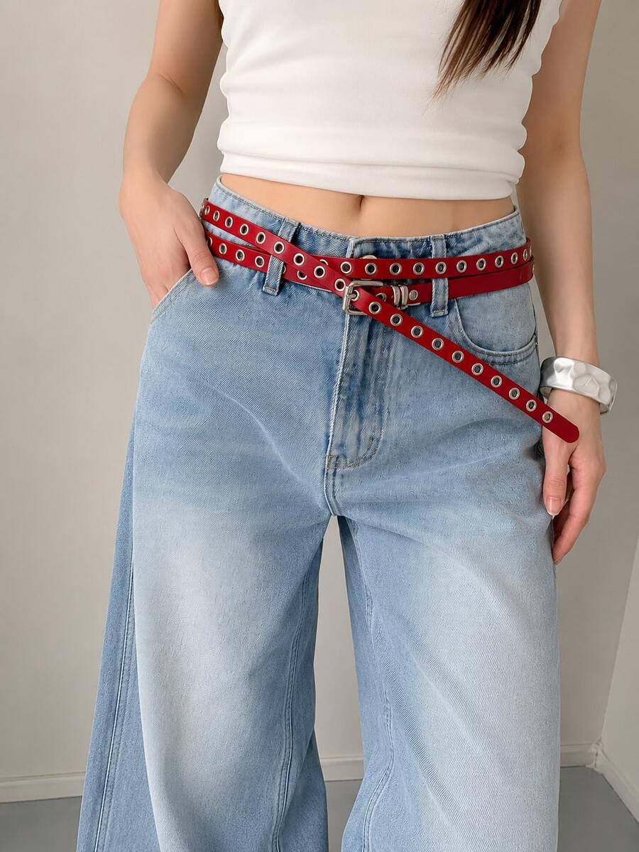 Extra Long Eyelet Punk Thin Waist Belt, Personalized Solid Color Versatile Thin Waist Cincher - Red - View 1