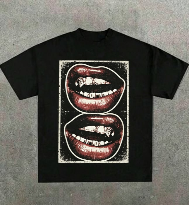 Casual, Soft T-Shirt With A Fun Barbecue Lip Pattern And Heat Transfer Print. - 黑色3 - 查看 1