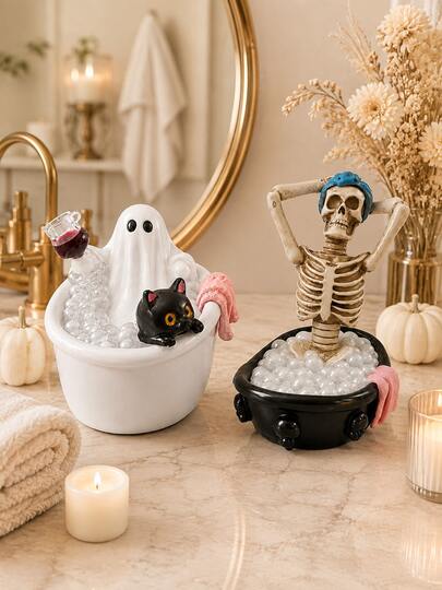 1pc Halloween Ghost Cat Bathtub Figurine, Cute Resin Spooky Bathroom Decor, Black Cat Bubble Bath Statue, Suitable For Vanity, Shelf, Countertop, Halloween Party, Cat Lover Gift, Halloween Decoration, Halloween, Room Decor