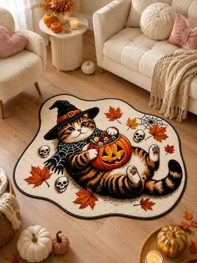 1pc Cute Halloween Cat Rug, Witch Cat Pumpkin Floor Mat, Irregular Plush Area Rug, Entryway Doormat, Bedroom Living Room Kitchen Bathroom Decor, Porch Balcony Mat, Fall Home Decor, 2026 Halloween Party Decoration