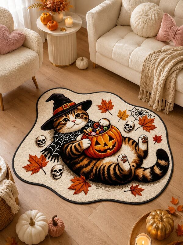 1pc Cute Halloween Cat Rug, Witch Cat Pumpkin Floor Mat, Irregular Plush Area Rug, Entryway Doormat, Bedroom Living Room Kitchen Bathroom Decor, Porch Balcony Mat, Fall Home Decor, 2026 Halloween Party Decoration