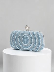 1pc Light Blue Water Drop Heavy Beaded Evening Clutch, Exquisite Round Bead Rhinestone Pattern, Pearl Studded Lock, Dress Matching Small Bag, Wedding Party Ball, With Detachable Crossbody Chain - Baby Blue - View 5