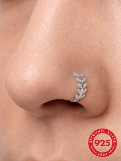 1Pc S925 Sterling Silver Classic Leaf CZ Nose Rings Hypoallergenic Nostril Septum Cartilage Body Piercing Jewelry For Women Men Daily Wear & Gifts