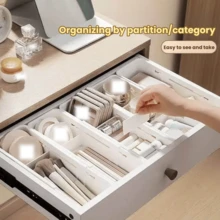 Expandable Storage Box, Large Capacity, Suitable For Office, Vanity, Plastic Desktop Cosmetic Organizer Tray, Kitchen Utensils, Bedroom Dressing Table Storage Box, College Dorm Stationery, School Supplies Drawer Divider - White - View 3