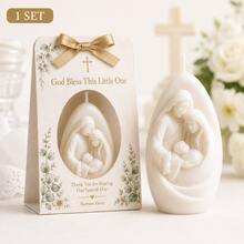 8 Sets Holy Family Candle Favors With Cards And Gold Ribbons, Religious Baptism, Christening, First Communion Party Favors, Baby Baptism, Church Ceremony Guest Gifts - White - View 8