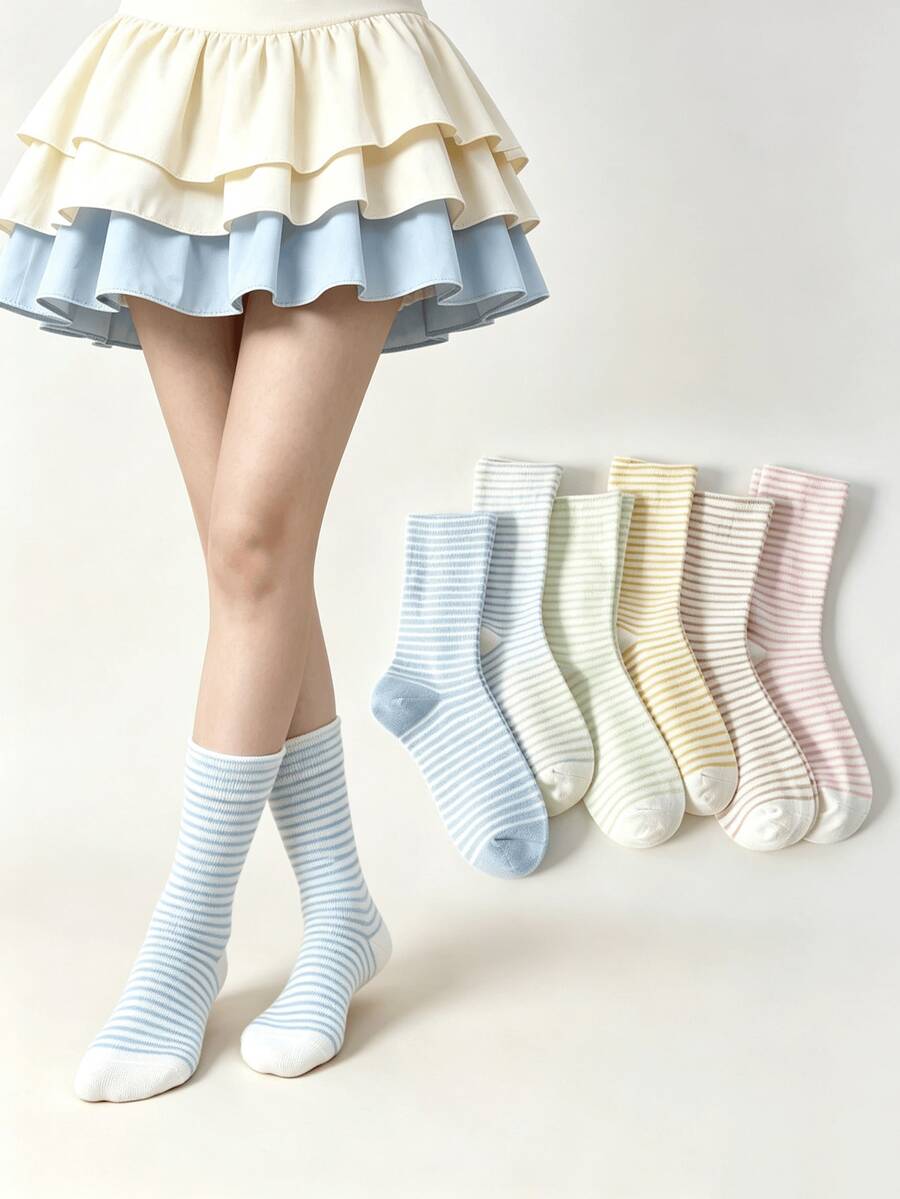 1/6 Pairs Fresh Macaron Color Thin Striped Minimalist Contrast Color Versatile Comfortable Mid-Calf Socks - Multicolor - View 1