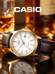 Casio Men's Gold-Tone Quartz Analog Watch With White Dial, Brown Leather Strap And Date Window, Suitable For Business Meetings, Formal Office And Commuting Attire - one-size - View 5