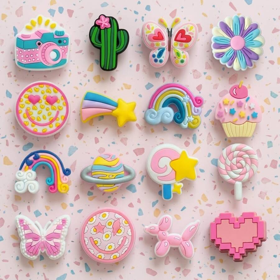 16pcs Cute Japanese Style PVC Shoe Charms, Colorful Mixed Sweet Natural Theme, Suitable For Sandals, Clogs DIY Accessories