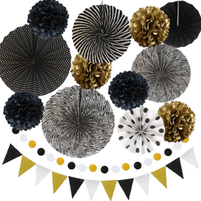 Party Decorations, Black And Gold Hanging Paper Fans, Garland With Polka Dots And Triangle Bunting, Suitable For Birthday Party, Wedding Decoration, Tabletop And Wall Decoration, New Year Decoration, Black And Gold Party Decorations, New Year's Eve Decoration