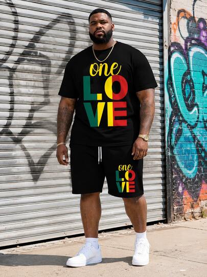 Plus Size Men's "ONE LOVE" Unique Design Printed Sports Tracksuit - Polyester Knitting Fabric Round Neck Design Top & Drawstring Shorts, Pocket Details, Regular Fit, Suitable For Plus Size, Cozy Outfits