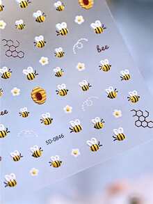 1pc 5D Embossed Cute Bee & Flower Nail Stickers, Spring Daisy Bee Pattern Summer Floral Bee Nail Decals, DIY Nail Art Decoration For Women - Multicolor - View 4