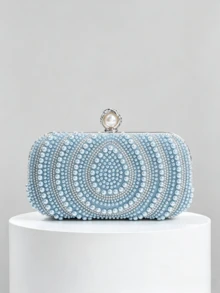 1pc Light Blue Water Drop Heavy Beaded Evening Clutch, Exquisite Round Bead Rhinestone Pattern, Pearl Studded Lock, Dress Matching Small Bag, Wedding Party Ball, With Detachable Crossbody Chain - Baby Blue - View 4