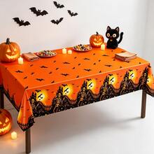 1/3pcs Orange Pumpkin Castle Orange Plastic Rectangular Tablecloth 54x108inch Pumpkin Bat Skeleton Print, Skeleton Table Runner For Halloween Dining Table Decoration, Indoor/Outdoor Party Tablecloth - Multicolor - View 4