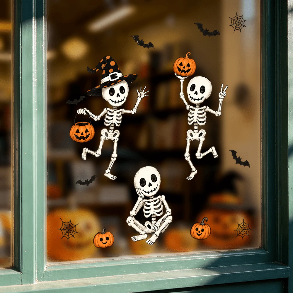 1/3/5pcs Cute Dancing Skeleton Static Window Clings, Pumpkin Bat Spider Web Halloween Window Decals, Reusable Non-Adhesive Glass Stickers For Home Halloween Party Decor Gift - Multicolor - View 1