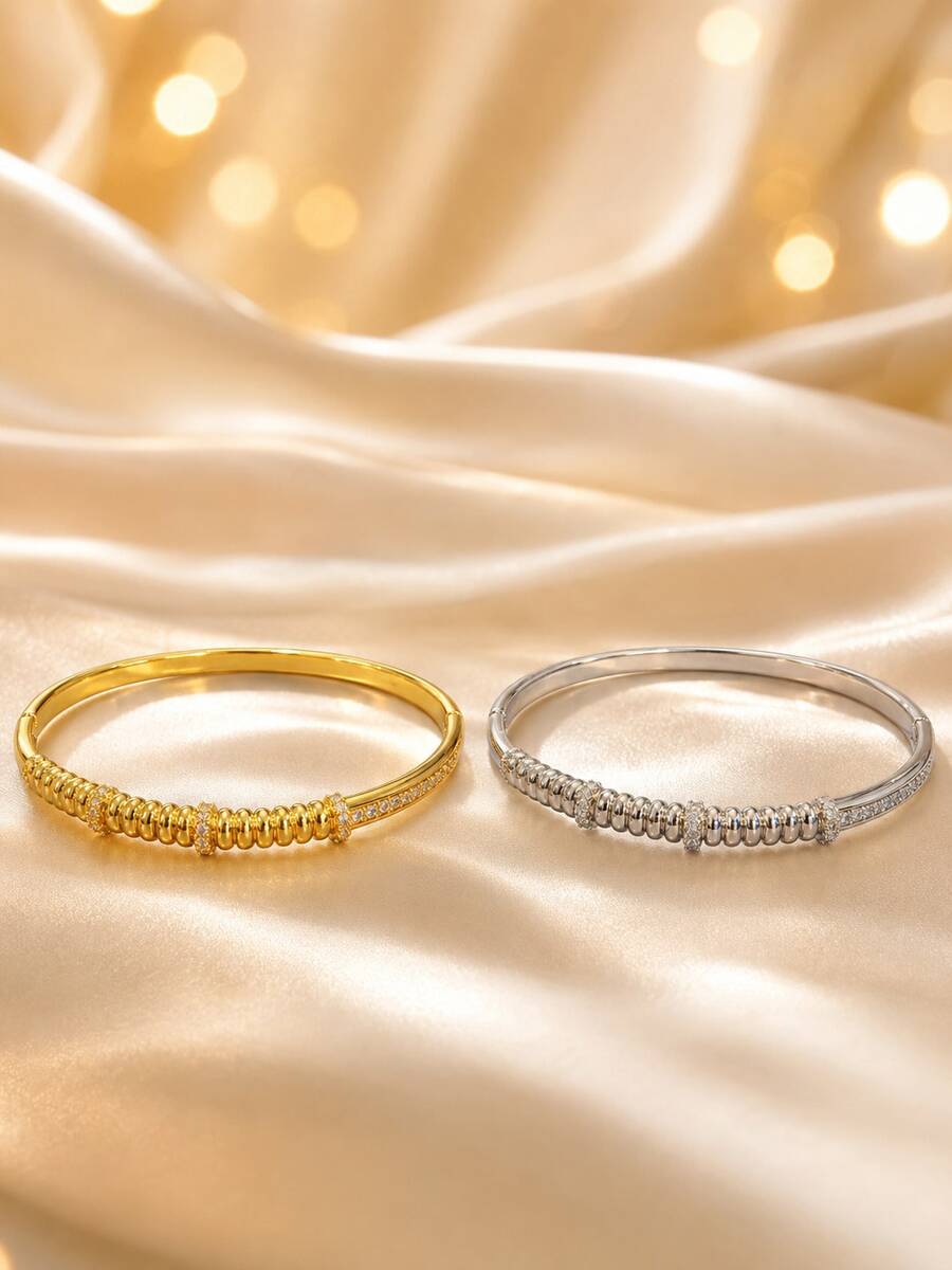 1pc Gold-Tone Textured Rhinestone Bangle Bracelet, Sophisticated Decorative Closed Cuff For Women - Bracelet - View 1