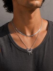 2pcs/Set Double Layer Stacked Flat Snake Chain + Spiked Sun & Moon Pendant Thin Chain, Unisex Minimalist Hip Hop Punk Collarbone Necklace - Silver - View 1