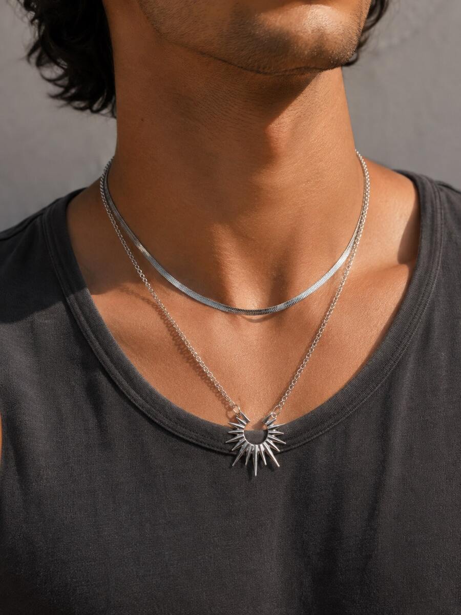 2pcs/Set Double Layer Stacked Flat Snake Chain + Spiked Sun & Moon Pendant Thin Chain, Unisex Minimalist Hip Hop Punk Collarbone Necklace - Silver - View 1