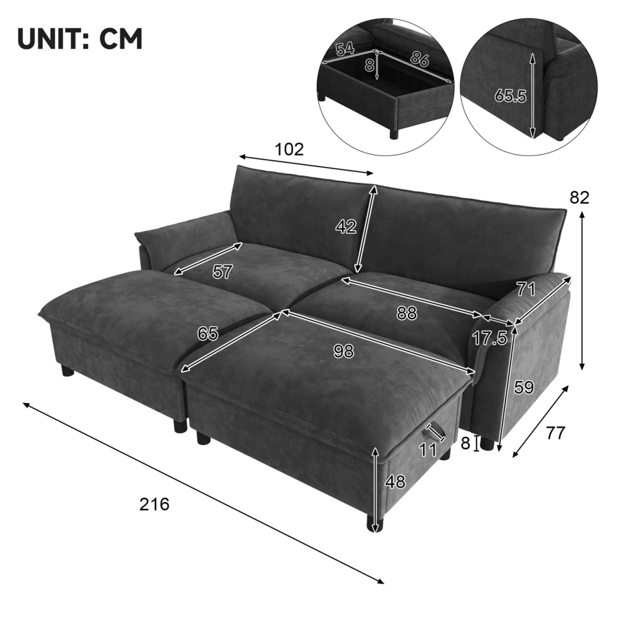 Modular Sofa Black Made Of Chenille For Living Room - Black 4 Seat - View 1