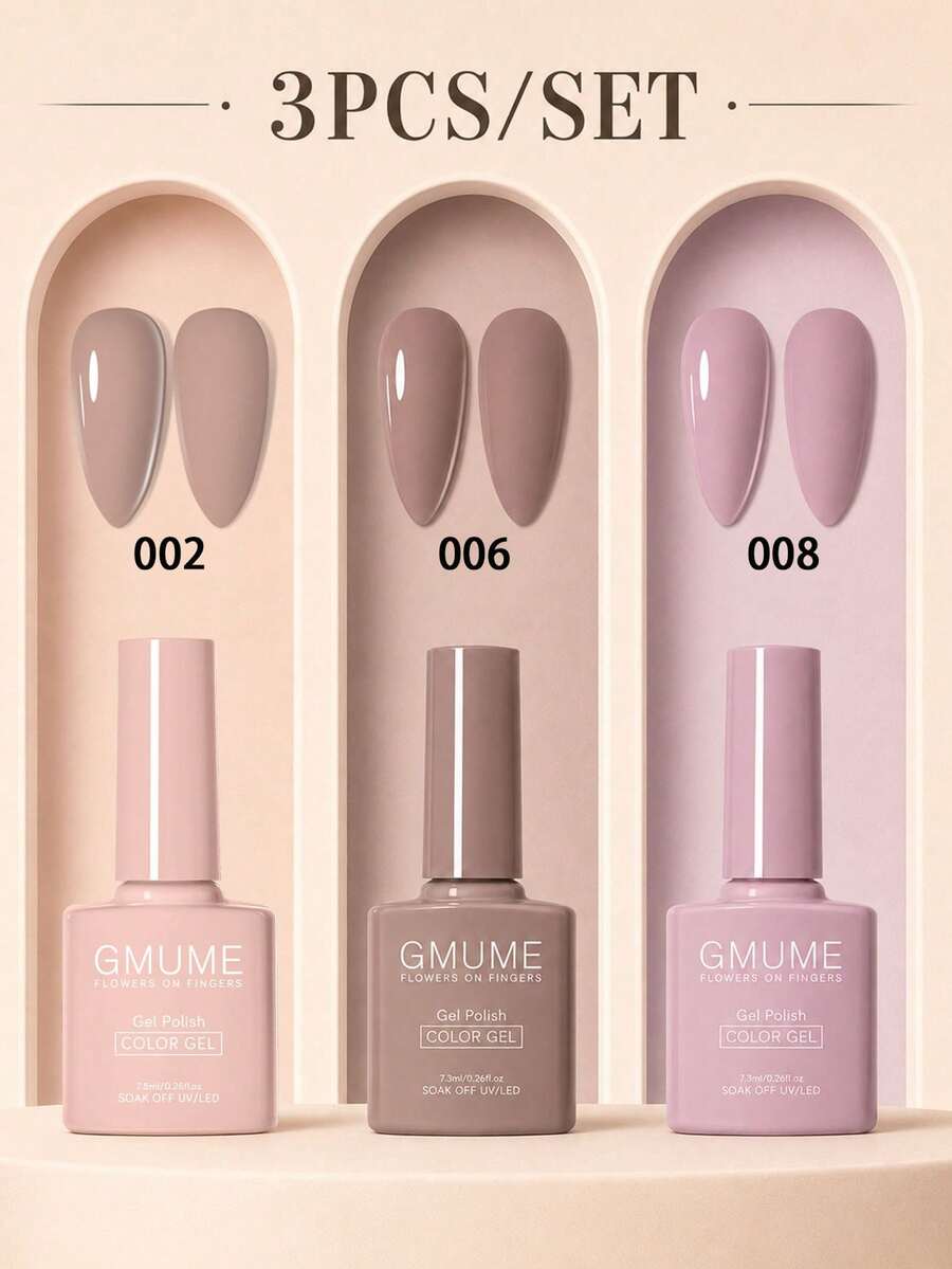 GMUME 3pcs Gel Nail Polish Set Color 02 06 08, 7.5ml Per Bottle, Blush Nude Cocoa Gray Brown And Purple Red, Color Matched Bottle, UV LED Soak-Off Gel Nail Polish, Suitable For Quiet Luxury Office Manicure