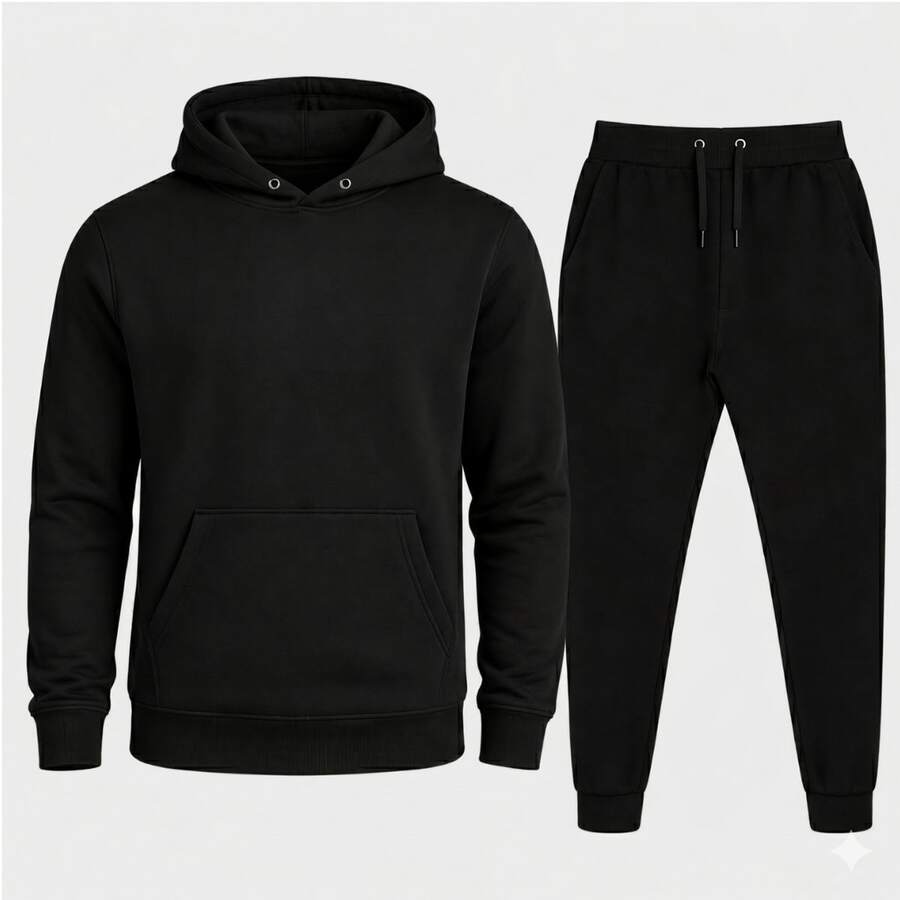 CONJUNTO LISO DE BLUSA E CALÇA DE MOLETOM CANGURU COM BOLSO E CAPUZ BLUSA ESTILO STREETWEAR CASUAL MODA INVERNO AGSALHO PREMIUM CONFORTAVEL - Preto - Visão 1
