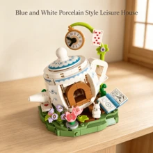 1 Set Blue And White Porcelain Style Teapot House Building Block Toy, Alice In Wonderland White Rabbit Clock Playing Cards Creative Small Particle Assembly Model, Handmade DIY Desktop Ornament, Girly Birthday Holiday Gift Home Decor - Multicolor - View 10