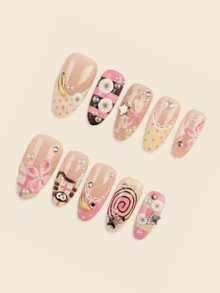 10pcs Y2K French Gradient Wearable Nails, Medium Almond Shape, Autumn Style, 3D Monkey Banana Cute Flower Rhinestone Design, Fashion Glossy Full Coverage Fake Nails, Suitable For Women And Girls Daily Wear, Parties And Other Occasions - Multicolor - View 6