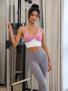 Never me Bra olahraga wanita model halter neck dengan kombinasi warna, kerah U, bantalan payudara yang dapat dilepas, penyangga sedang, rompi olahraga pendek untuk fitness dan yoga. - Berwarna merah muda - View 6