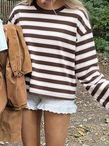 New Fashion Elegant Striped Colorblock Women's Casual Versatile T-Shirt, Vacation College Daily All-Season Top - Brown - View 4