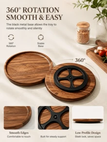 1PC Round Rotatable Acacia Wood Tray, 360‑Degree Rotatable Wooden Tray,Kitchen Spice Rack, Trays, Kitchen Accessories, Wooden Trays,Kitchen Storage, Kitchen Decoration, Rotating Tray,Round Multi‑Functional Tray,Kitchen Halloween Christmas Storage - Yellow - View 9