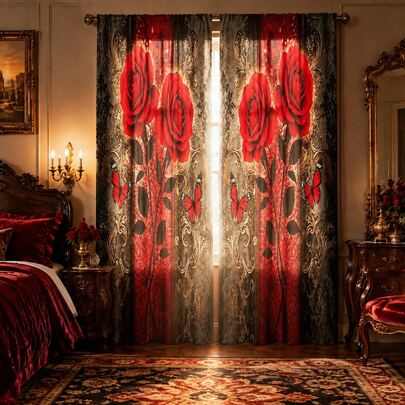 2pcs Vintage Luxury Red Rose & Butterfly Print Curtains, European Classical Floral Pattern Semi-Blackout Blackout Fabric Curtains For Bedroom, Living Room, Homestay Decoration