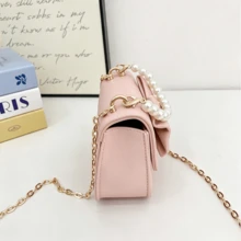 Girls Mini PU Crossbody Bag, Bowknot Pearl Decor Handbag, Detachable Pearl Top Handle And Metal Chain Shoulder Strap - A - View 5