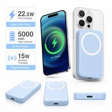 Slim Light Blue Magnetic Portable Power Bank With 5000mAh Capacity, Wireless Phone Charger For Daily Carry, Supports 22.5W Fast Wired Charging Alongside 15W Wireless Charging, With High-Capacity Backup Power, Hassle-Free  Use And A Slim Profile, Made For Back To School, Student Life, Lesson Days, Sports Training, Bus Rides, Student Routines And Weekend Activities - 1PC - View 1