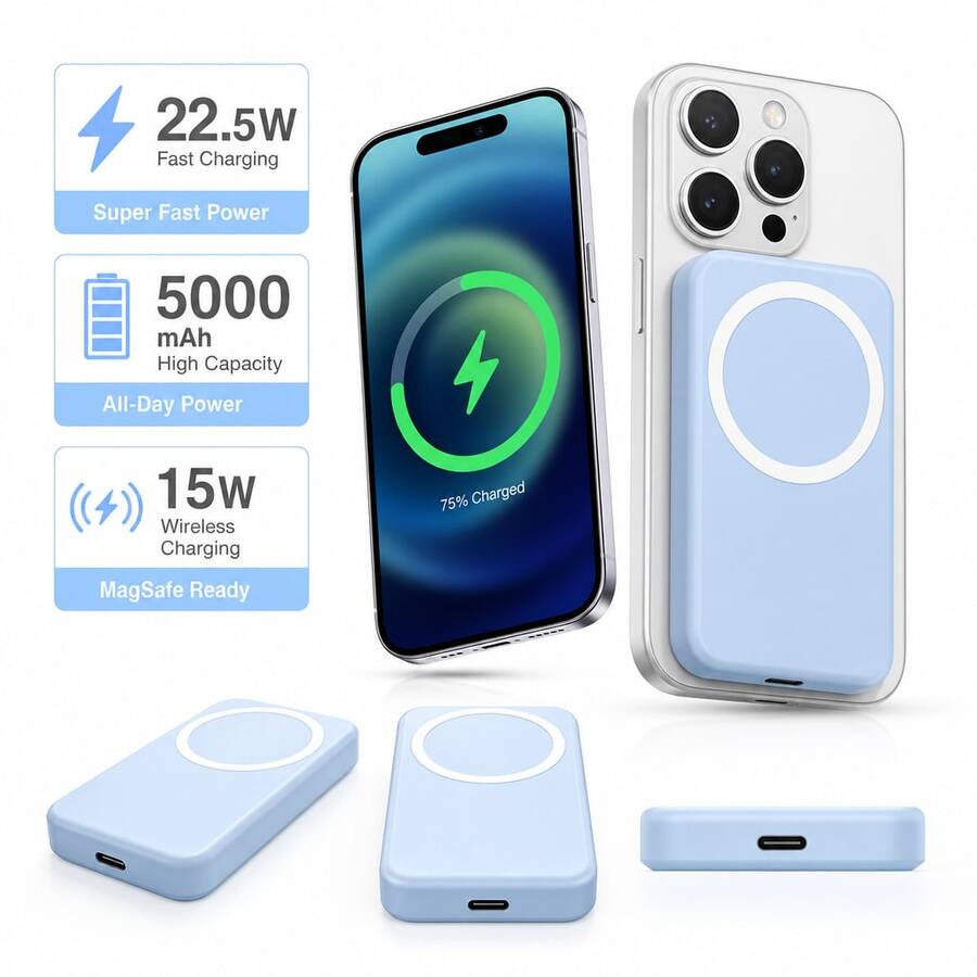 Slim Light Blue Magnetic Portable Power Bank With 5000mAh Capacity, Wireless Phone Charger For Daily Carry, Supports 22.5W Fast Wired Charging Alongside 15W Wireless Charging, With High-Capacity Backup Power, Hassle-Free Use And A Slim Profile, Made For Back To School, Student Life, Lesson Days, Sports Training, Bus Rides, Student Routines And Weekend Activities - 1PC - View 1
