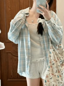 Áo sơ mi nữ tay dài cài cúc cổ bẻ họa tiết kẻ caro, chất liệu polyester, phong cách thường ngày cho mùa xuân/thu - Xanh nhạt - Xem 9