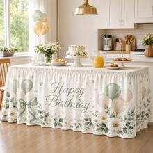 Sage Green Happy Birthday Table Skirt With Balloon, Daisy And Bow Print, Polyester Party Tablecloth, Suitable For Children's Birthday, Baby Shower, Dessert Table And Neutral Celebration Decor - A - View 3