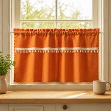 1pc Pumpkin-Colored, Two-Tone Fringed Fall Decorative Sheer Curtains-Let Light Through But Keep Privacy Intact. Ideal For Bedrooms, Cabinets, Open Shoe Racks, And Wardrobes To Keep Dust Out And Hide Imperfections. Polyester Short Curtains. - Burnt Orange - View 6