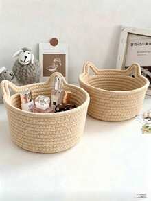 Khaki Cat Ear Handwoven Desktop Storage Basket, Multifunctional Handheld Basket - Khaki - View 17