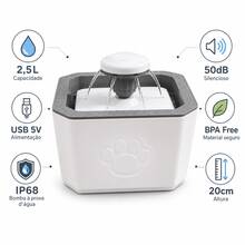 Fonte Bebedouro Automática Água Corrente para Pets Cães e Gatos, 3 Modos de Água Tripla Filtragem Silenciosa 20cm, 2,5 Litros, Branco, Silencioso BPA Free - 2.5 l - Visão 1