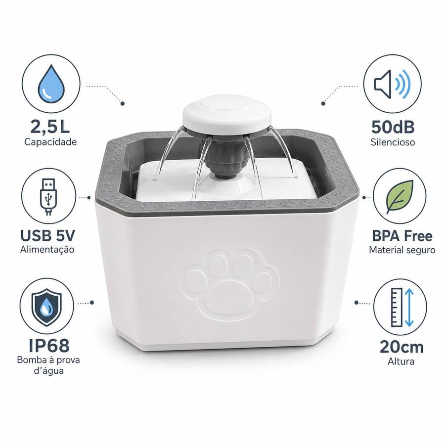 Fonte Bebedouro Automática Água Corrente para Pets Cães e Gatos, 3 Modos de Água Tripla Filtragem Silenciosa 20cm, 2,5 Litros, Branco, Silencioso BPA Free - 2.5 l - Visão 1