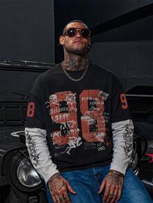 Black & Grey Contrast Distressed Punk Skull Number Men's 2 In 1 Long Sleeve T-Shirt, American Streetwear Loose Breathable Top - Black - View 1