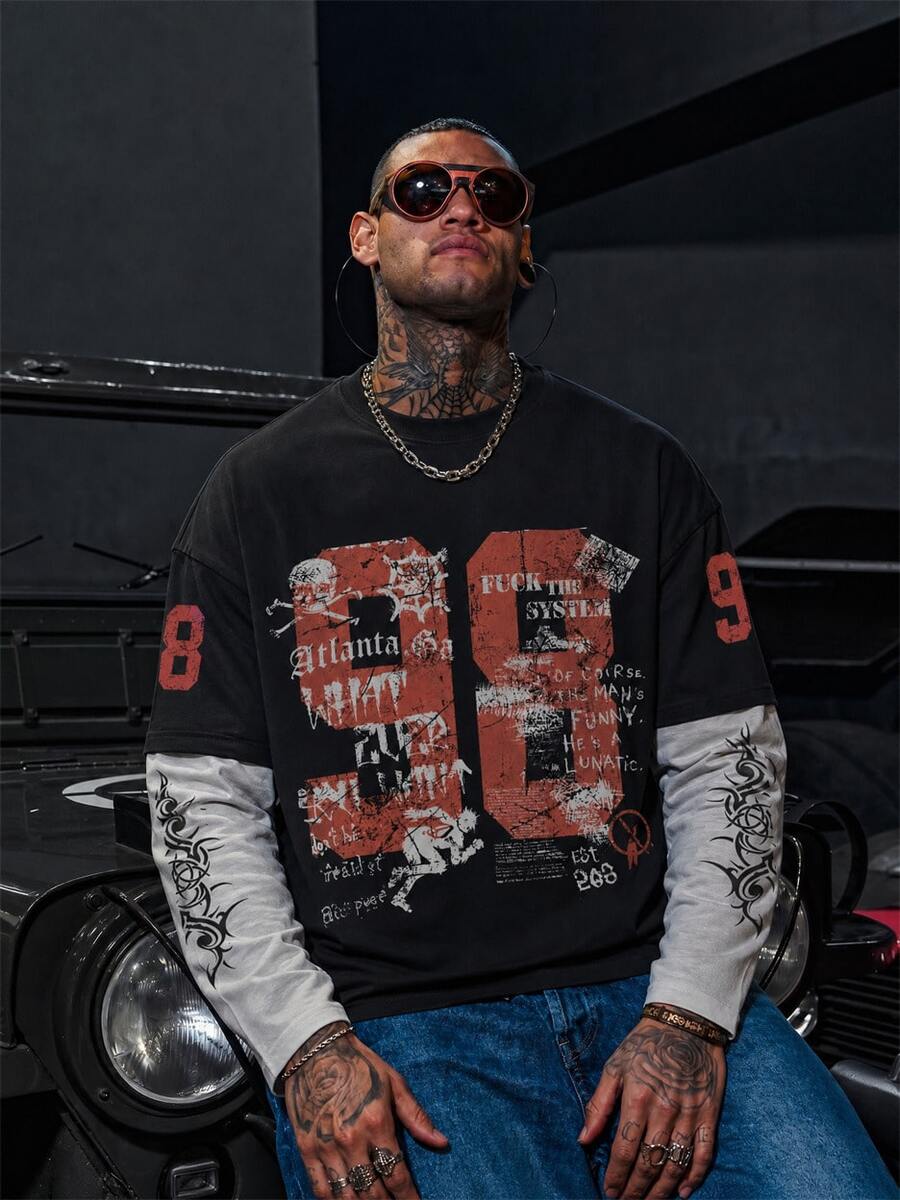 Black & Grey Contrast Distressed Punk Skull Number Men's 2 In 1 Long Sleeve T-Shirt, American Streetwear Loose Breathable Top - Black - View 1