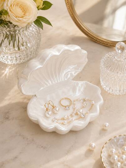 1pc Pearl Shell Jewelry Box, Luxury Ins Style Vanity Ring Necklace Jewelry Storage Tray, Cream Pearl Shell Jewelry Box, Soft Portable Jewelry Storage Box Desktop Decor, Extremely Soft, Jewelry Storage Box, Jewelry Rack