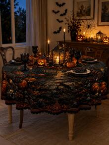 1pc Scary Forest Lantern Tablecloth, Spooky Night Party, Rustic Countryside Style Polyester Rectangular Tablecloth With Dark Woods And Skull Patterns, Easy Care Table Cover For Dining Room Kitchen Holiday Dinner Decoration - Multicolor - View 7