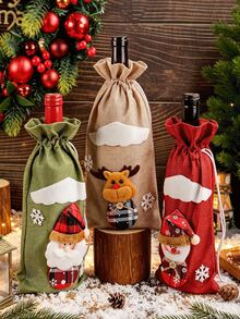 Christmas Linen-Like Drawstring Wine Bottle Bags, Santa Claus, Snowman & Reindeer Wine Bottle Covers, Xmas Table Decorations For Home Kitchen Dinner Party, Perfect Holiday Gift - View 3